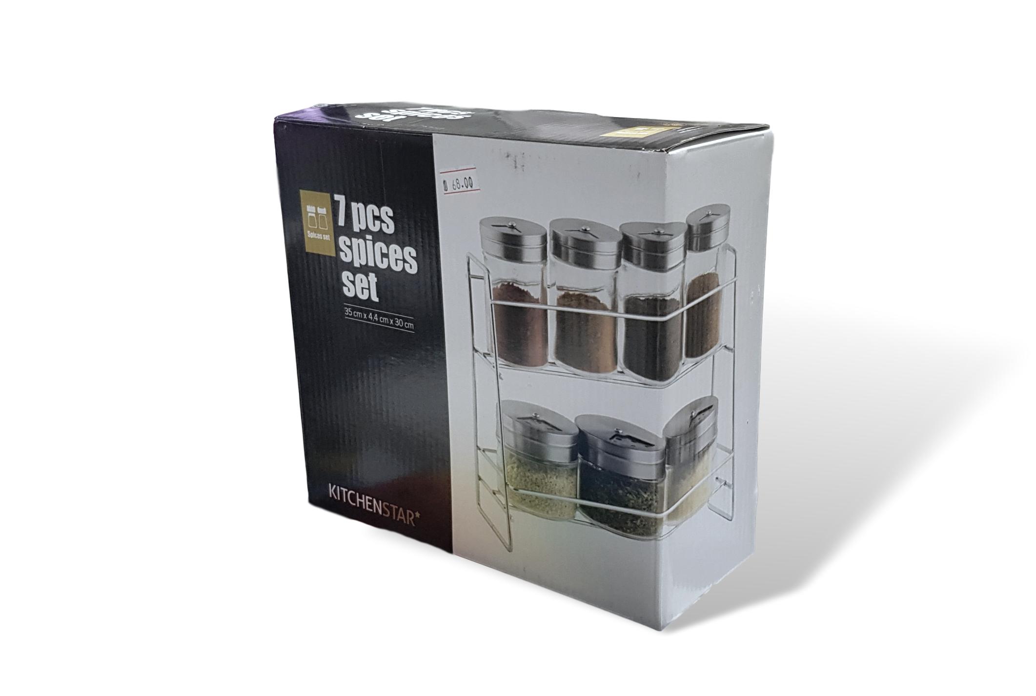 סט 7 צנצנות לתבלינים כולל מעמד מתכת